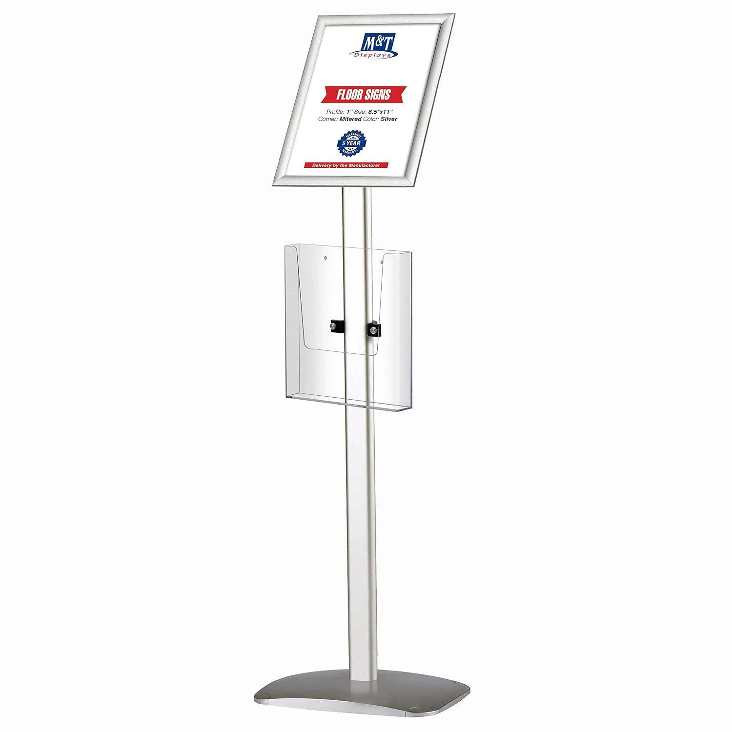 M&T Displays Decorative Sign Holder, Pedestal Sign Holder with 8.5x11 Inch Brochure Holder, Floor Standing, Aluminum, Front Loading, Easy Open, Poster, Advertisement Post...