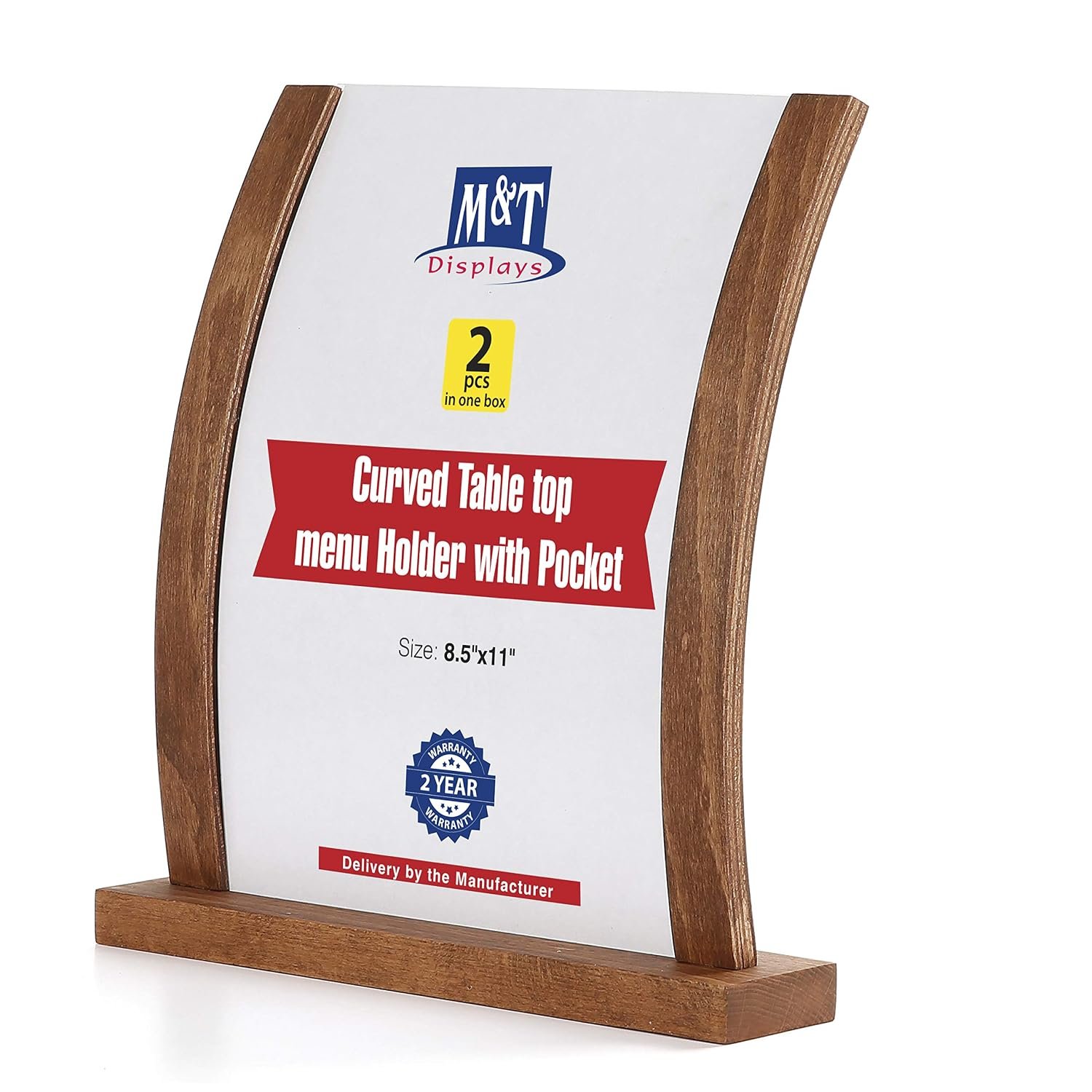 M&T Displays Desktop Curved Rustic Wooden Menu Holder 8.5x11 Inch Dark Wood Table Top Display Stand Sign Holders for Restaurant Kitchen Store Birthday Wedding Party Event Home...