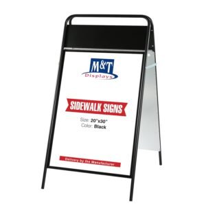 M&T Displays Double Sided A Frame Poster Menu Sidewalk Display Board, 20x 30, Rectangular Black Iron, Mill bolted tray with magnetic cover with header
