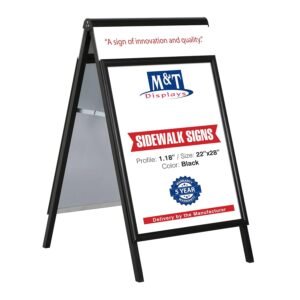 M&T Displays Double-Sided, Black A-Frame, Sandwich Board, 22x28 inch Sidewalk Sign, Aluminum Poster Display, Restaurant, Cafe, Business, Outdoor Pavement, Menu, Sign Holder with...