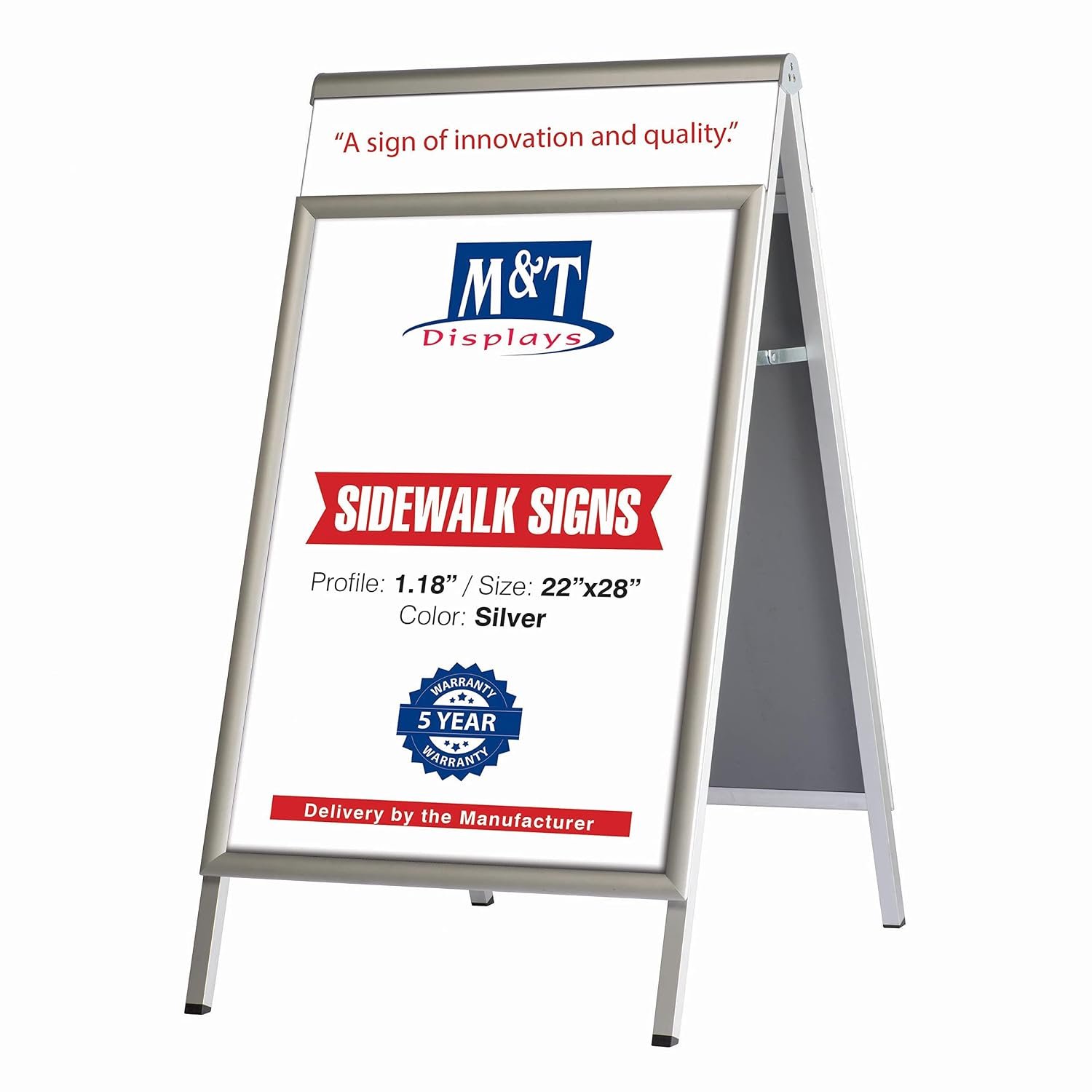 M&T Displays Double-Sided, Silver A-Frame, Sandwich Board, 22x28 Inch Sidewalk Sign, Aluminum Poster Display, Restaurant, Cafe, Business, Outdoor Pavement, Menu, Sign Holder...
