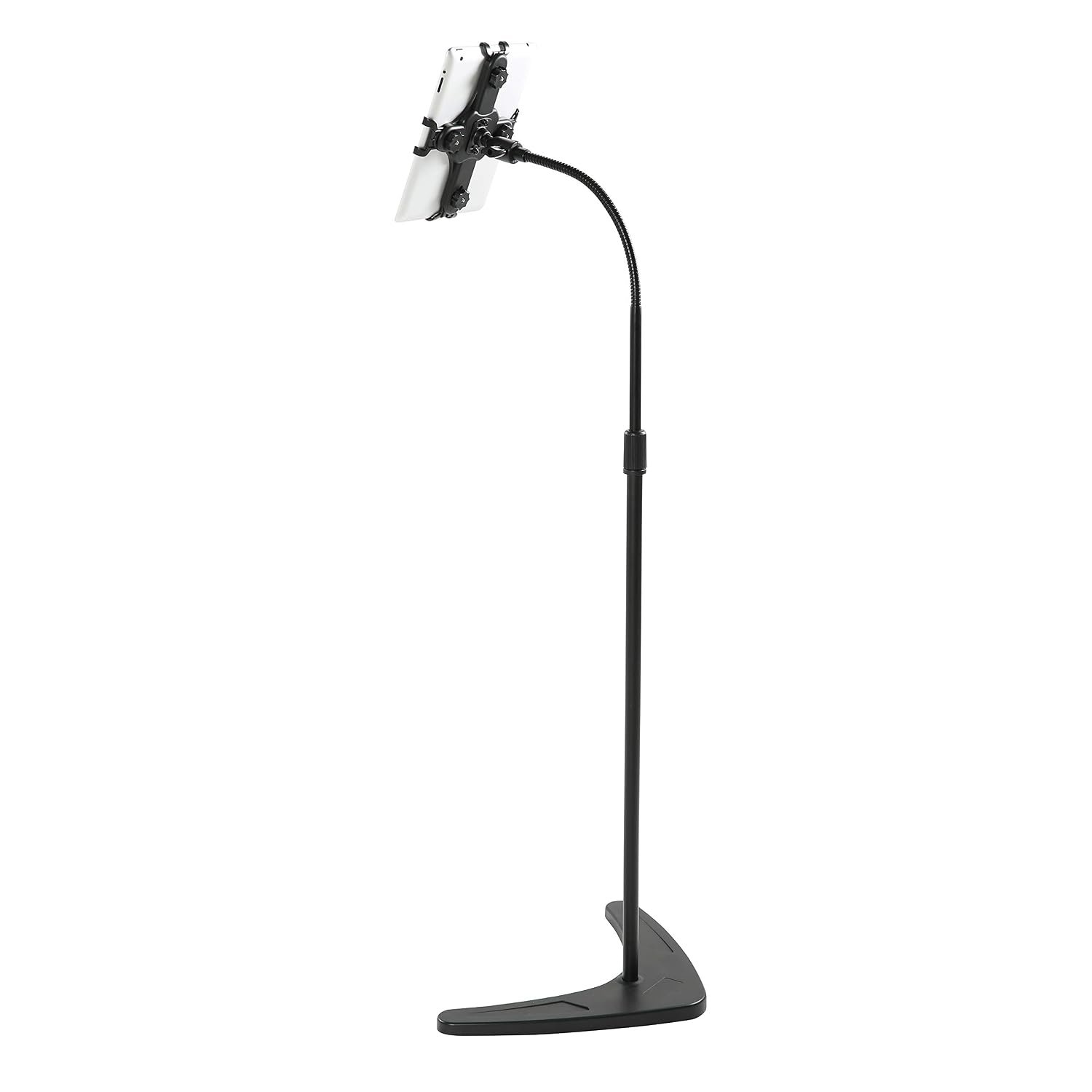 M&T Displays Floor Standing Universal Tablet Stand–Black Adjustable Holder with Flexible Gooseneck, 360° Swivel, Height Adjustable Aluminum Base–Compatible with iPads, Tablets,...