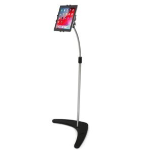 M&T Displays Floor Standing Universal Tablet Stand–Silver Adjustable Holder with Flexible Gooseneck, 360° Swivel, Height Adjustable Aluminum Base–Compatible with iPads, Tablets,...