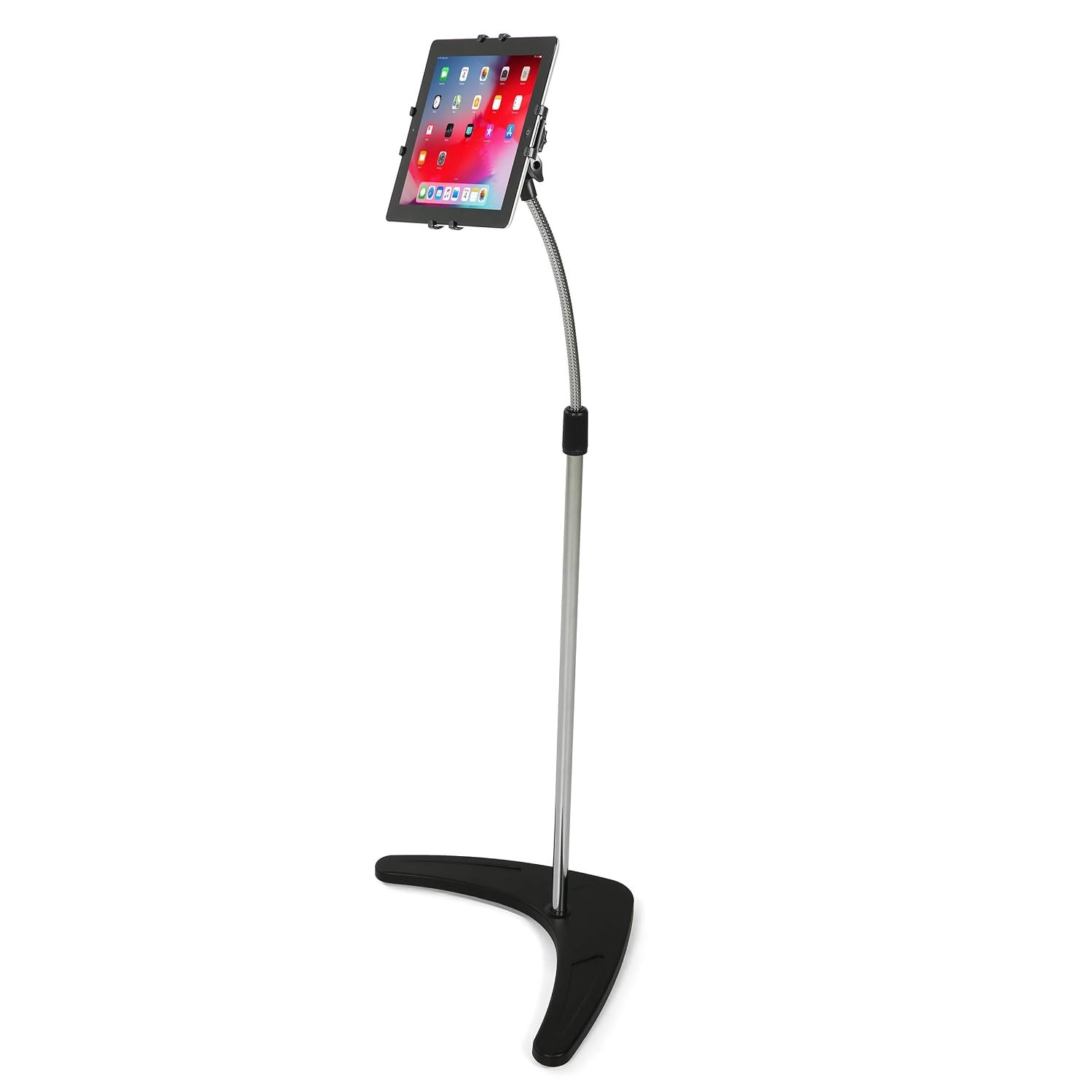 M&T Displays Floor Standing Universal Tablet Stand–Silver Adjustable Holder with Flexible Gooseneck, 360° Swivel, Height Adjustable Aluminum Base–Compatible with iPads, Tablets,...