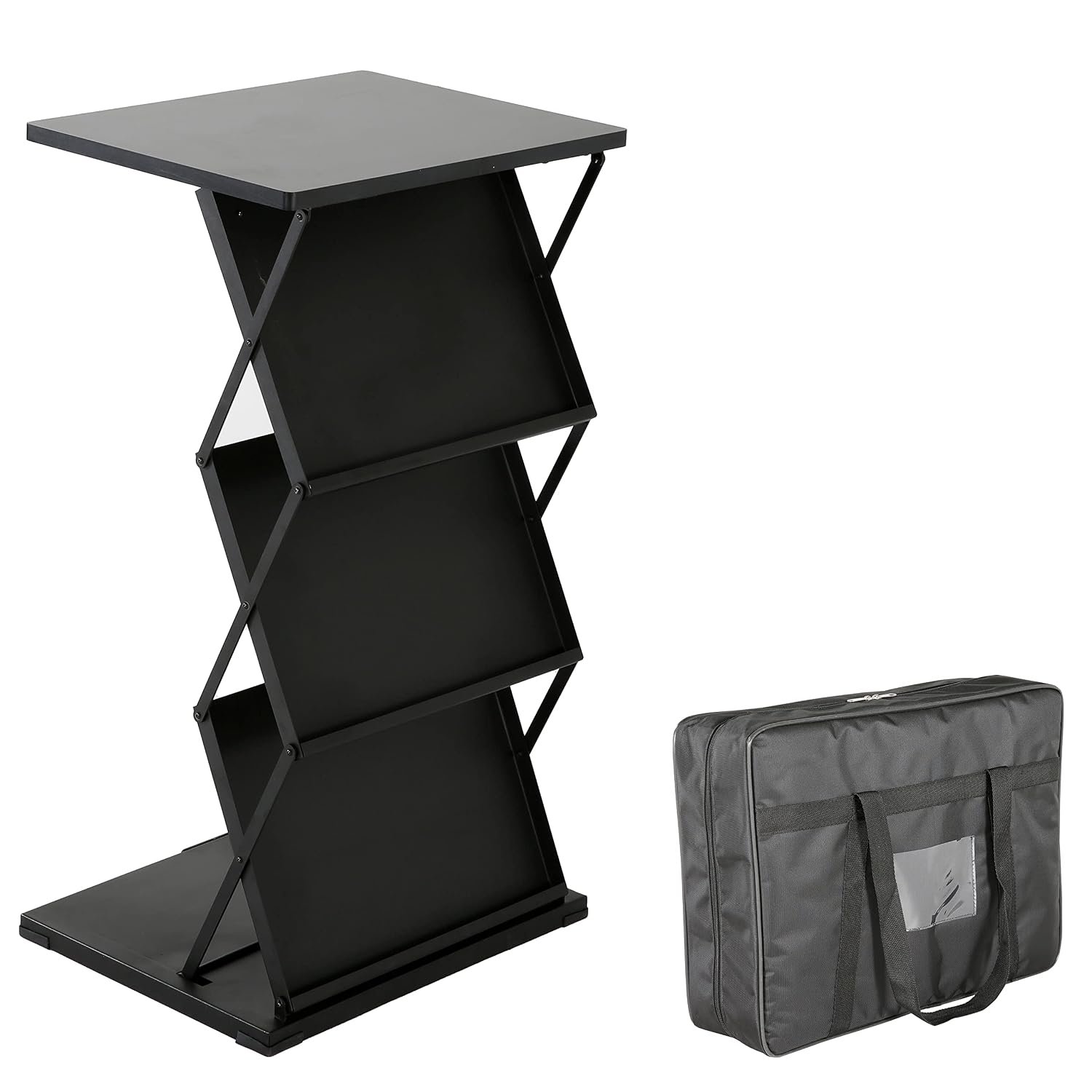 M&T Displays Foldable Counter with Steel Literature Holder and Carrying Bag, Magazine Rack, Brochure Display Stand, Catalog Leaflet, Flier for Fair, Conference, Showroom (Black,...