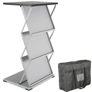 M&T Displays Foldable Counter with Steel Literature Holder and Carrying Bag, Magazine Rack, Brochure Display Stand, Catalog Leaflet, Flier for Fair, Conference, Showroom (Gray -...
