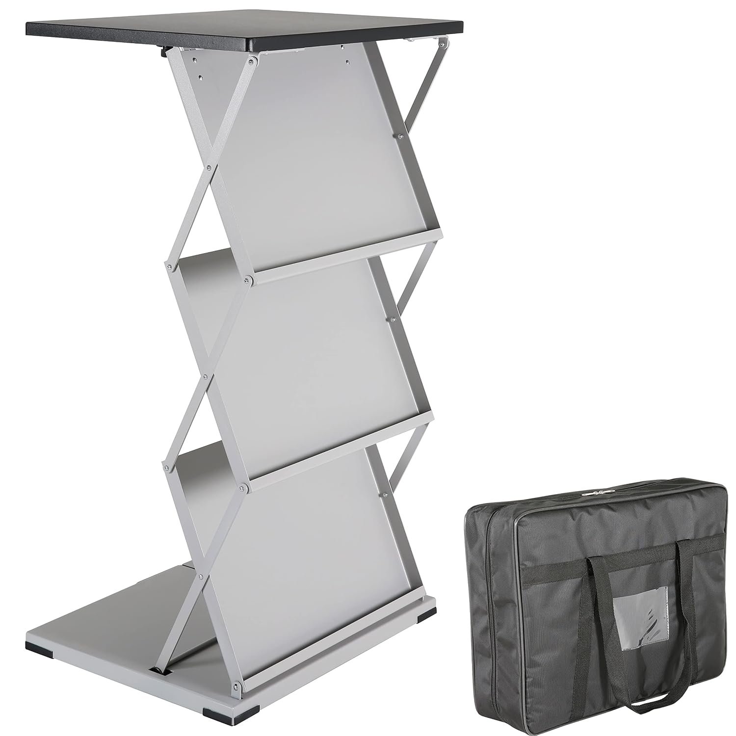 M&T Displays Foldable Counter with Steel Literature Holder and Carrying Bag, Magazine Rack, Brochure Display Stand, Catalog Leaflet, Flier for Fair, Conference, Showroom (Gray -...