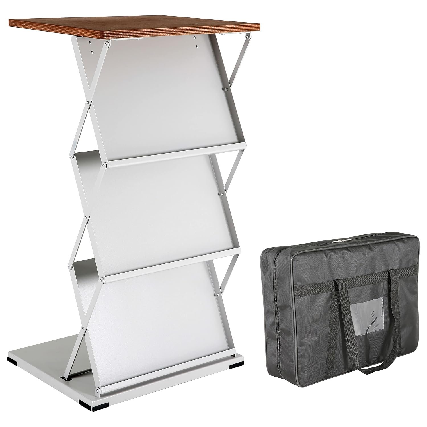 M&T Displays Foldable Counter with Steel Literature Holder and Carrying Bag, Magazine Rack, Brochure Display Stand, Catalog Leaflet, Flier for Fair, Conference, Shows Gray -...