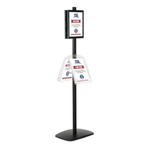 M&T Displays Free Standing Aluminum Display Stand Double Sided Document Brochure Sign Holder Front Loading Portrait Landscape Black Snap Frame 2x(8.5x11) and Clear Acrylic Shelf...