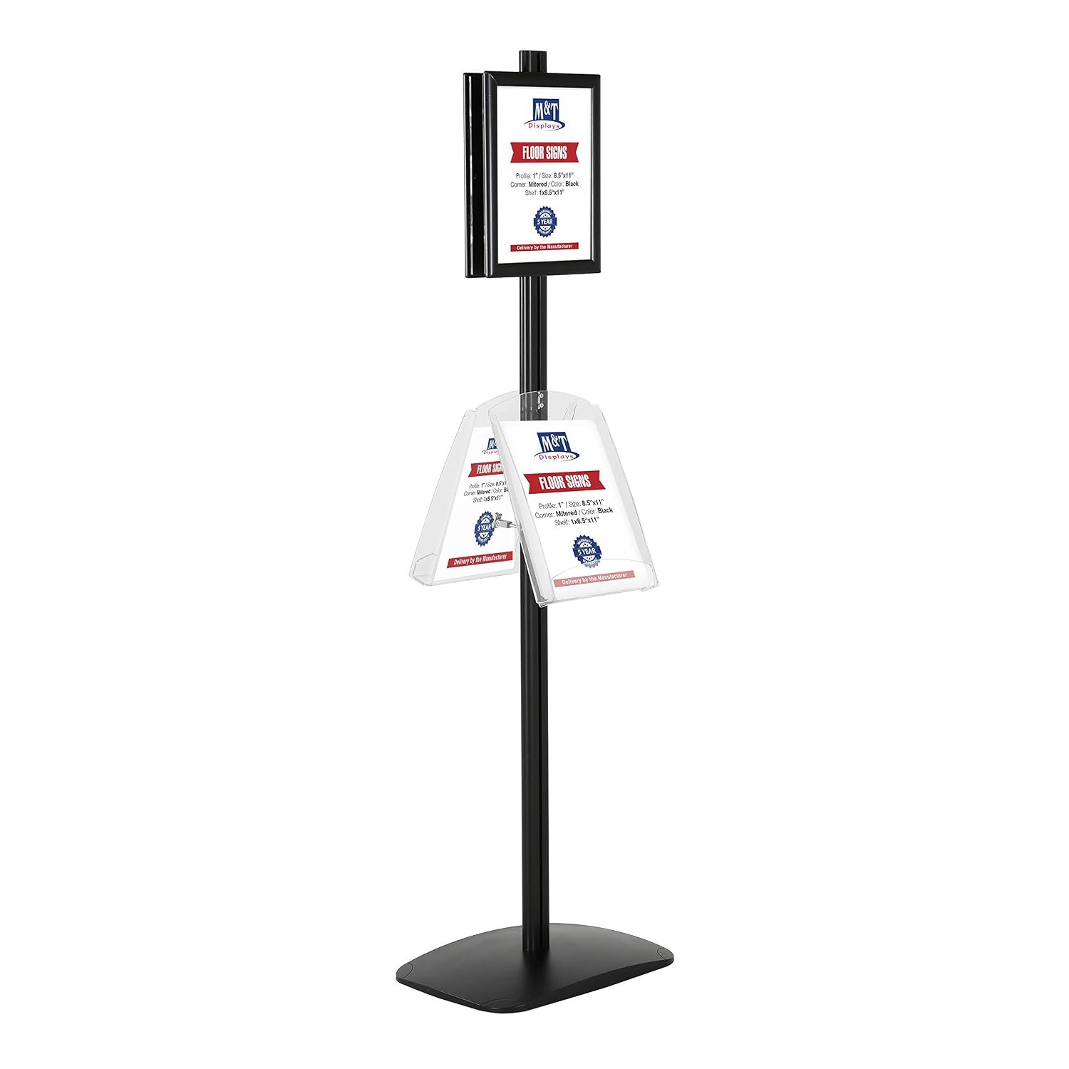 M&T Displays Free Standing Aluminum Display Stand Double Sided Document Brochure Sign Holder Front Loading Portrait Landscape Black Snap Frame 2x(8.5x11) and Clear Acrylic Shelf...