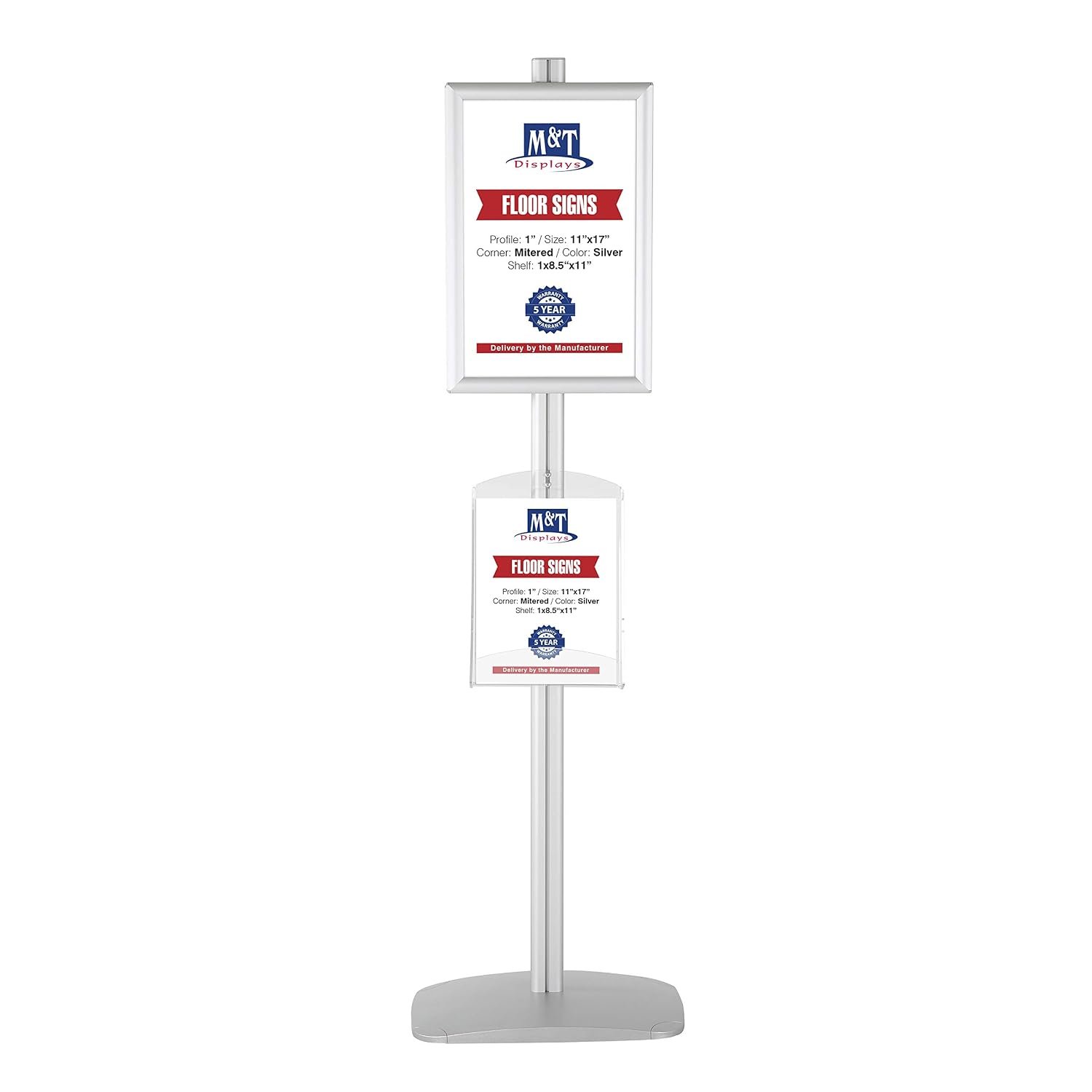 M&T Displays Free Standing Aluminum Display Stand Double Sided Document Brochure Sign Holder Front Loading Portrait Landscape Silver Snap Frame 2x(11x17) and Clear Acrylic Shelf...