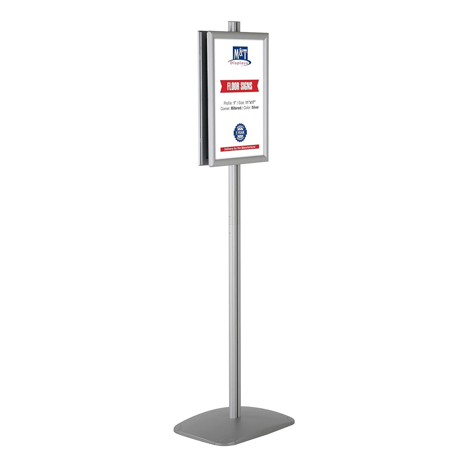 M&T Displays Free Standing Aluminum Display Stand Double Sided Document Brochure Sign Holder Front Loading Portrait Landscape Snap Frame 2x(11x17) inch Silver