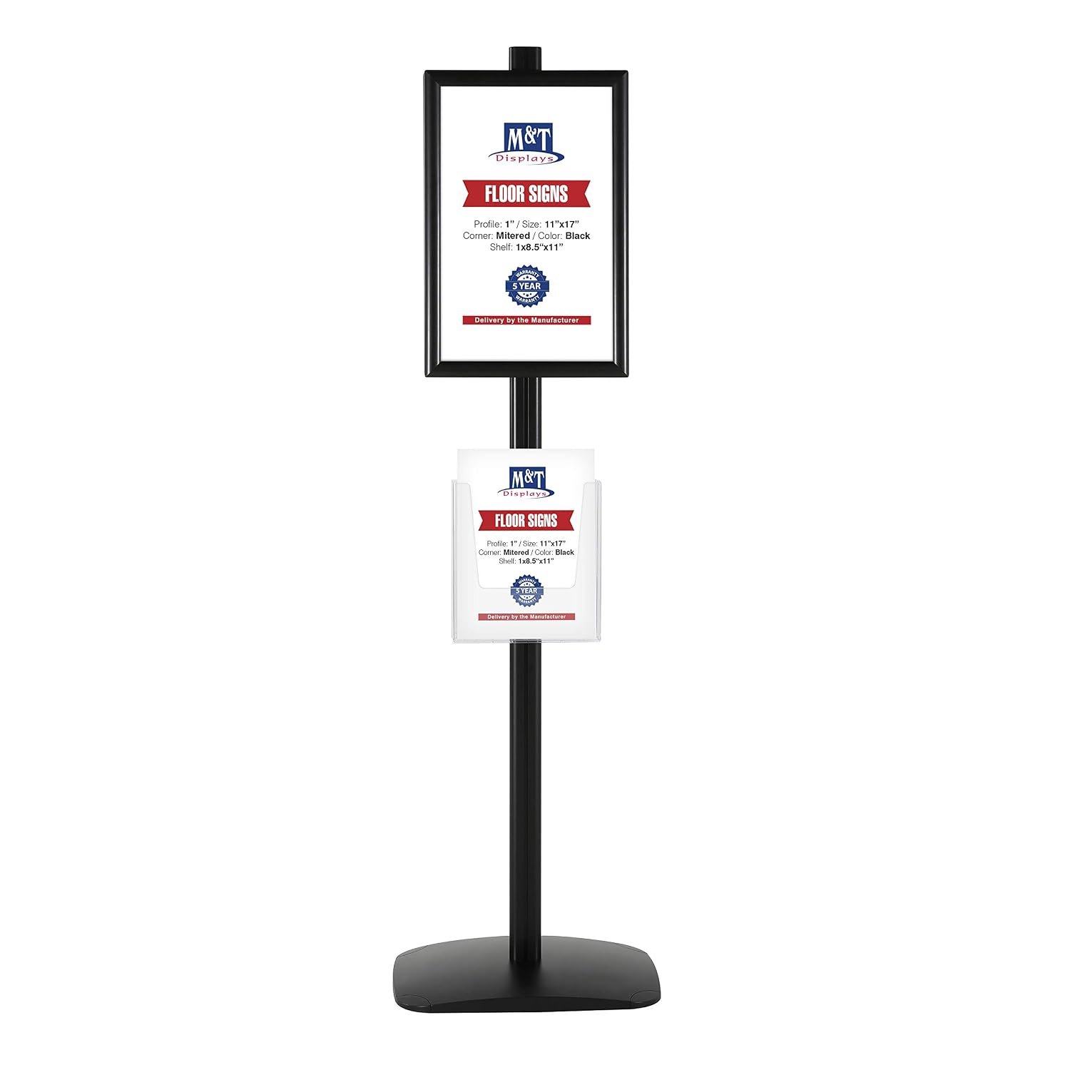 M&T Displays Free Standing Aluminum Display Stand Double Sided Document Brochure Sign Holder Front Loading Portrait Landscape Black Snap Frame 2x(11x17) and Clear Acrylic Pocket...