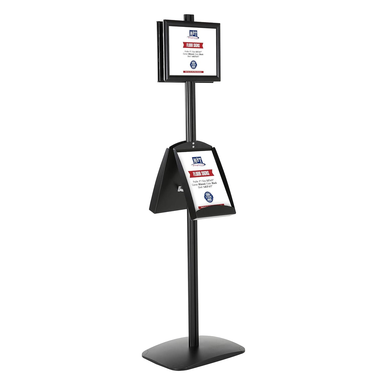 M&T Displays Free Standing Aluminum Display Stand Double Sided Document Brochure Sign Holder Front Loading Portrait Landscape Black Snap Frame 2x(8.5x11) and Metal Tray Shelf...