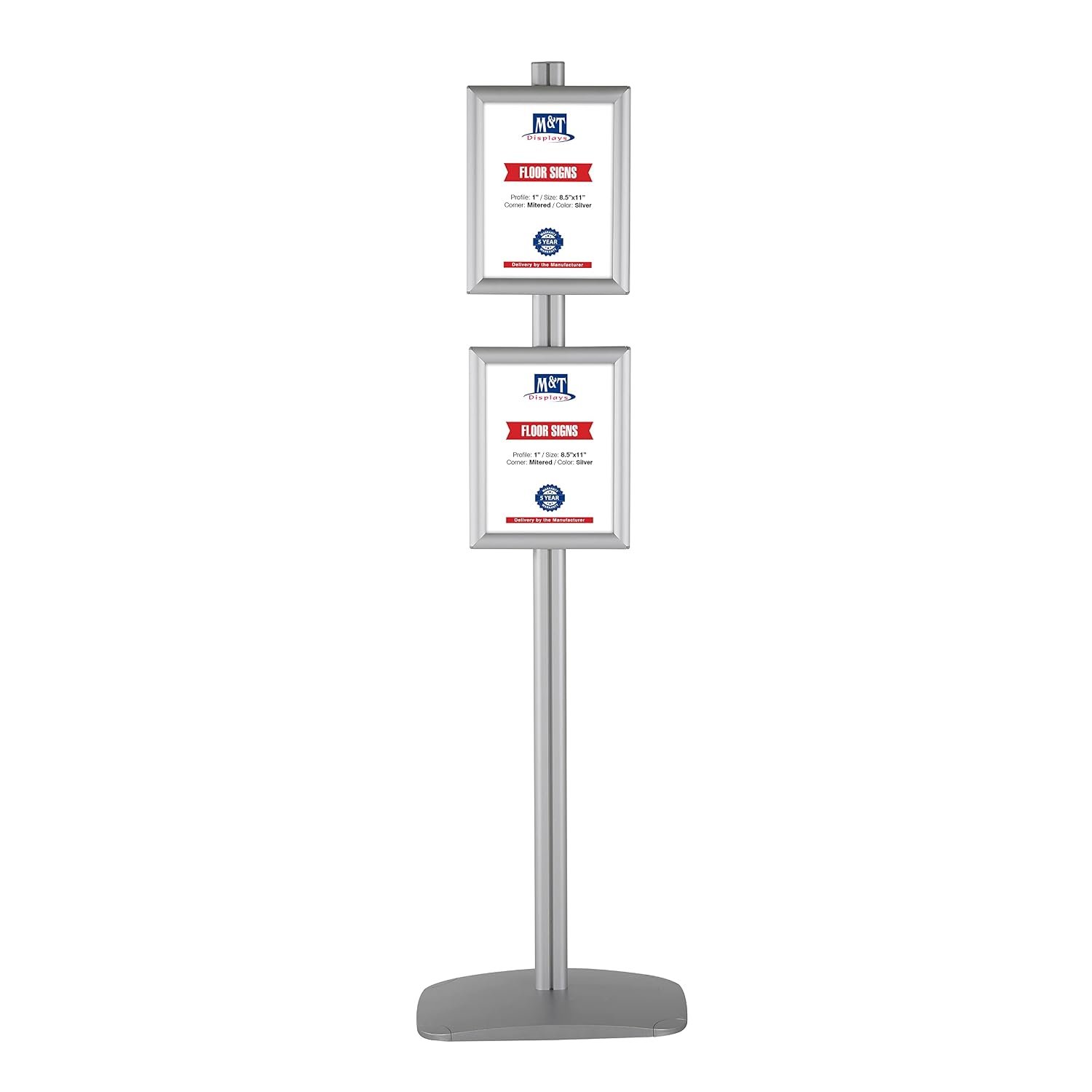 M&T Displays Free Standing Aluminum Display Stand Double Sided Document Brochure Sign Holder Front Loading Portrait Landscape Snap Frame 4x(8.5x11) inch Silver