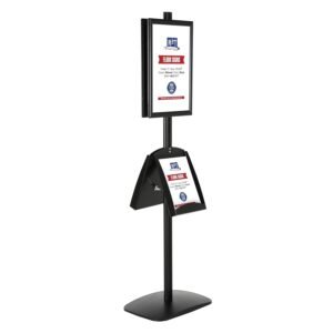 M&T Displays Free Standing Aluminum Display Stand Double Sided Document Brochure Sign Holder Front Loading Portrait Landscape Black Snap Frame 2x(11x17) and Metal Tray Shelf...