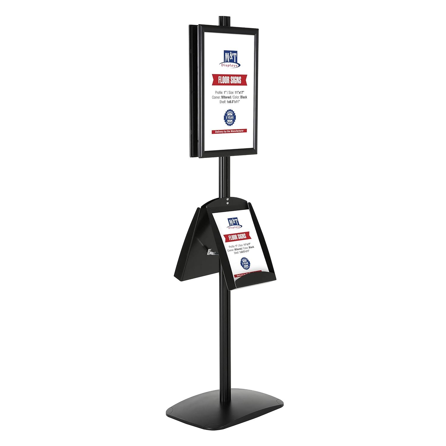 M&T Displays Free Standing Aluminum Display Stand Double Sided Document Brochure Sign Holder Front Loading Portrait Landscape Black Snap Frame 2x(11x17) and Metal Tray Shelf...