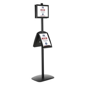 M&T Displays Free Standing Aluminum Display Stand Double Sided Document Brochure Sign Holder Front Loading Portrait Landscape Black Snap Frame 2x(8.5x11) and Metal Tray Shelf...