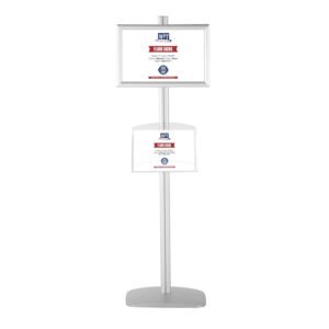 M&T Displays Free Standing Aluminum Display Stand Double Sided Document Brochure Sign Holder Front Loading Portrait Landscape Silver Snap Frame 2x(11x17) and Clear Acrylic Shelf...