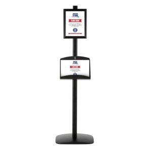 M&T Displays Free Standing Aluminum Display Stand Double Sided Document Brochure Sign Holder Front Loading Portrait Landscape Black Snap Frame 2x(8.5x11) and Metal Tray Shelf...