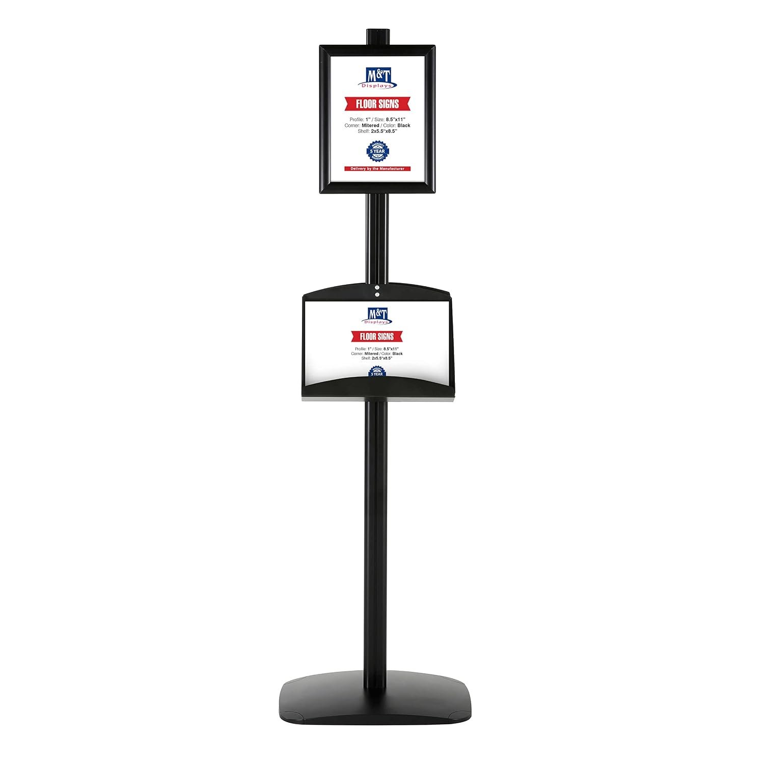 M&T Displays Free Standing Aluminum Display Stand Double Sided Document Brochure Sign Holder Front Loading Portrait Landscape Black Snap Frame 2x(8.5x11) and Metal Tray Shelf...