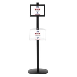 M&T Displays Free Standing Aluminum Display Stand Double Sided Document Brochure Sign Holder Front Loading Portrait Landscape Black Snap Frame 2x(8.5x11) and Clear Acrylic Shelf...