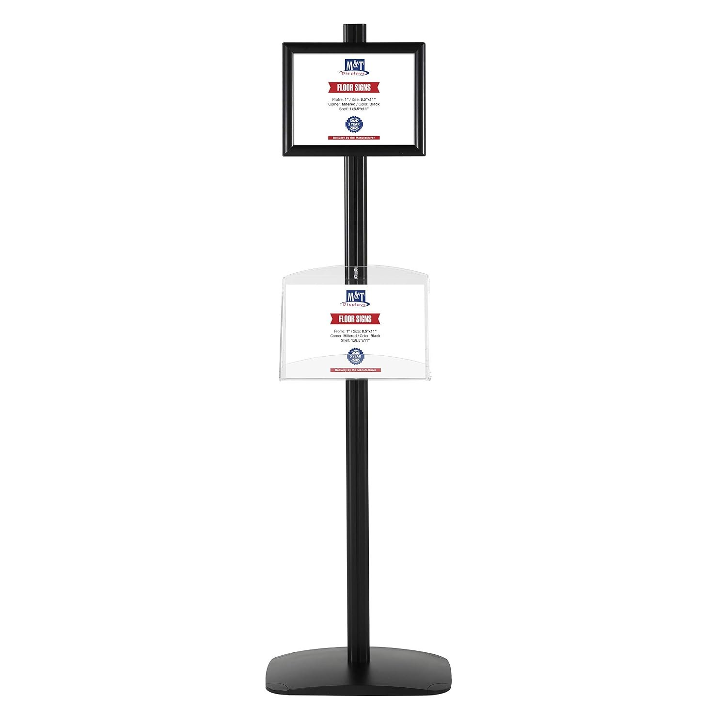 M&T Displays Free Standing Aluminum Display Stand Double Sided Document Brochure Sign Holder Front Loading Portrait Landscape Black Snap Frame 2x(8.5x11) and Clear Acrylic Shelf...