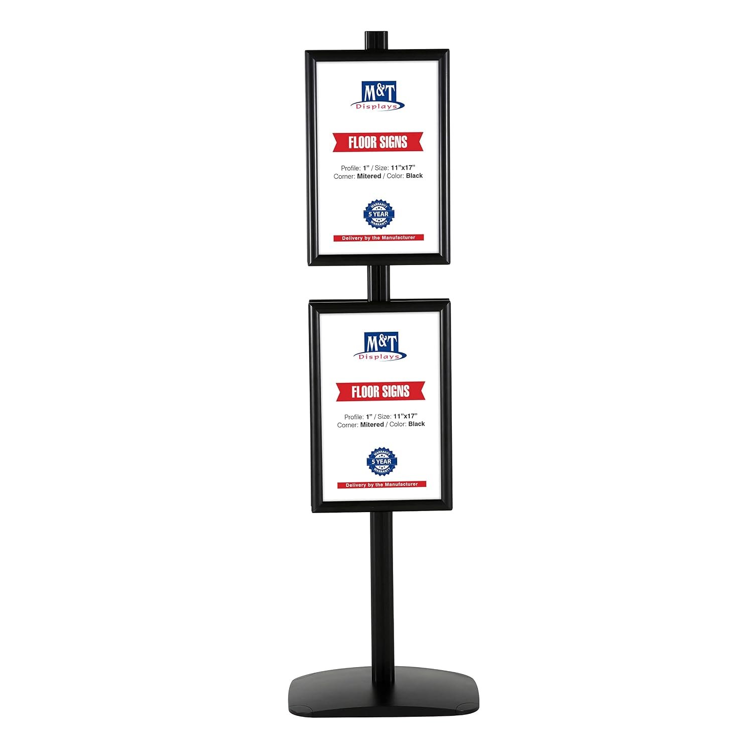 M&T Displays Free Standing Aluminum Display Stand Double Sided Document Brochure Sign Holder Front Loading Portrait Landscape Snap Frame 4x(11x17) inch Black