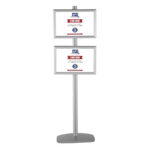 M&T Displays Free Standing Aluminum Display Stand Double Sided Document Brochure Sign Holder Front Loading Portrait Landscape Snap Frame 4X(11x17) inch Silver