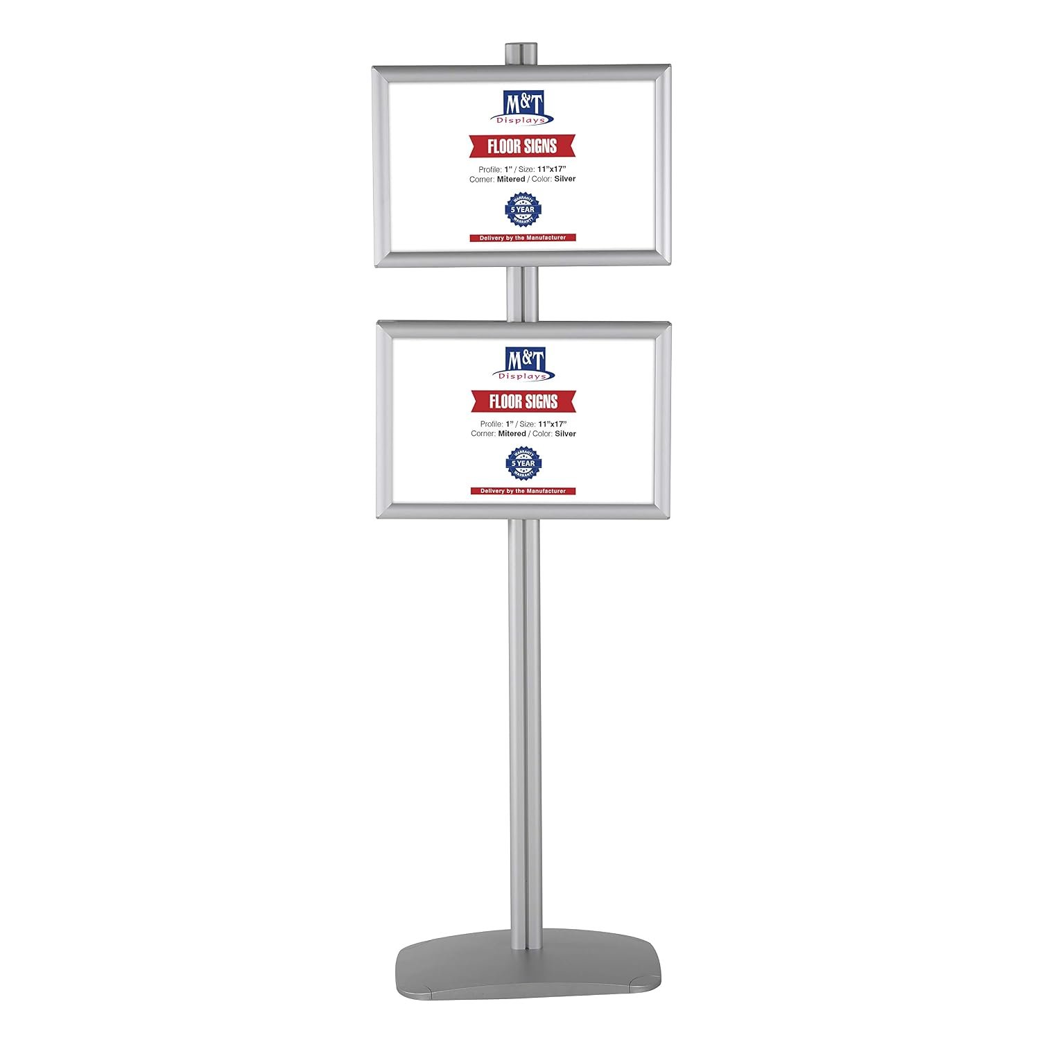 M&T Displays Free Standing Aluminum Display Stand Double Sided Document Brochure Sign Holder Front Loading Portrait Landscape Snap Frame 4X(11x17) inch Silver