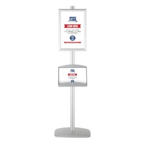 M&T Displays Free Standing Aluminum Display Stand Single Sided Brochure Sign Holder Front Loading Portrait Landscape Silver Snap Frame 1x(11x17) and Metal Tray Shelf 2x(5.5x8.5)...