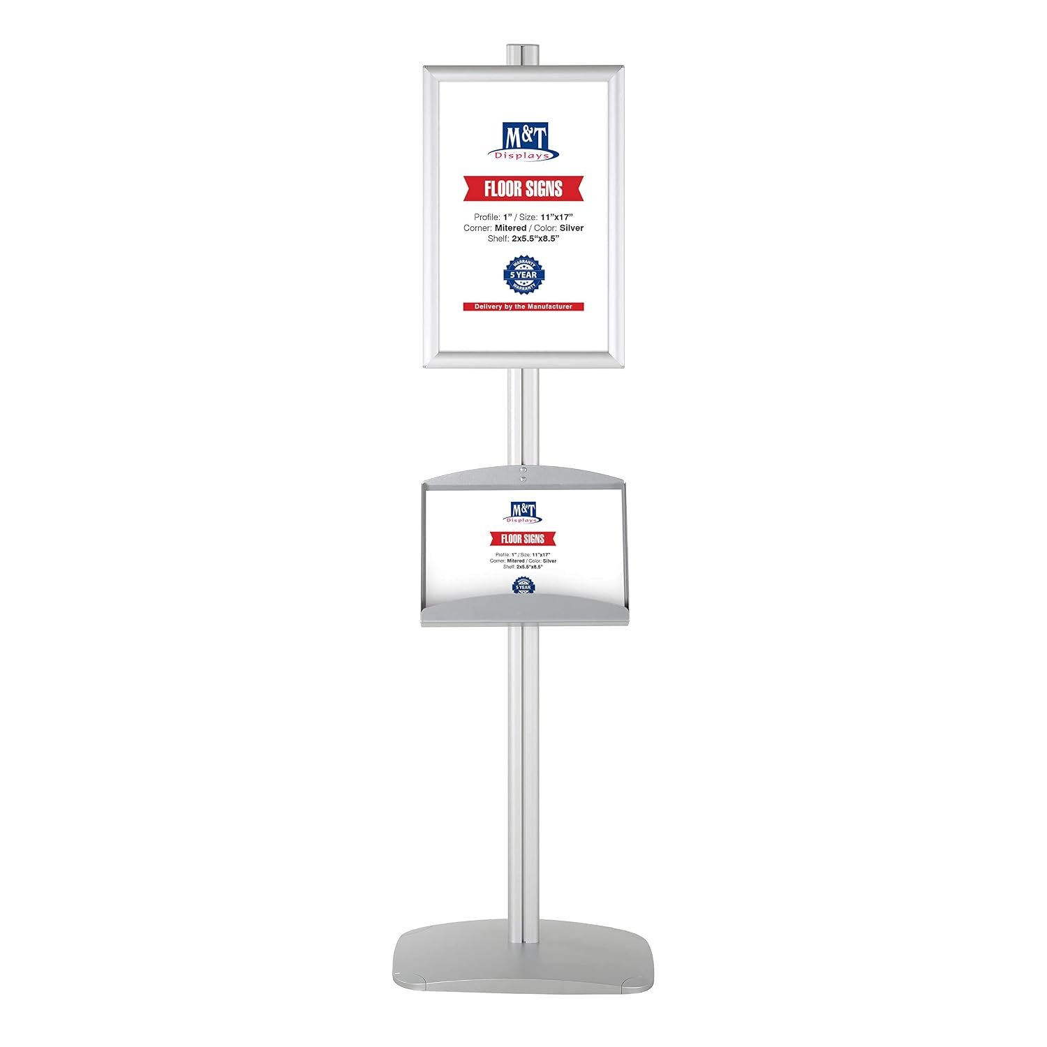 M&T Displays Free Standing Aluminum Display Stand Single Sided Brochure Sign Holder Front Loading Portrait Landscape Silver Snap Frame 1x(11x17) and Metal Tray Shelf 2x(5.5x8.5)...