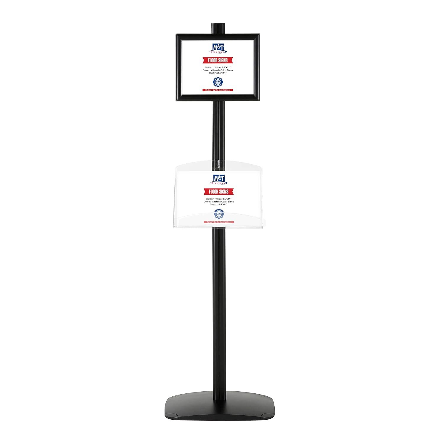 M&T Displays Free Standing Aluminum Display Stand Single Sided Brochure Sign Holder Front Loading Portrait Landscape Black Snap Frame 1x(8.5x11) Clear Acrylic Shelf 2x(8.5x11)...