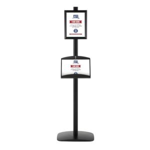 M&T Displays Free Standing Aluminum Display Stand Single Sided Document Brochure Sign Holder Front Loading Portrait Landscape Black Snap Frame 1x(8.5x11) and Metal Tray Shelf...