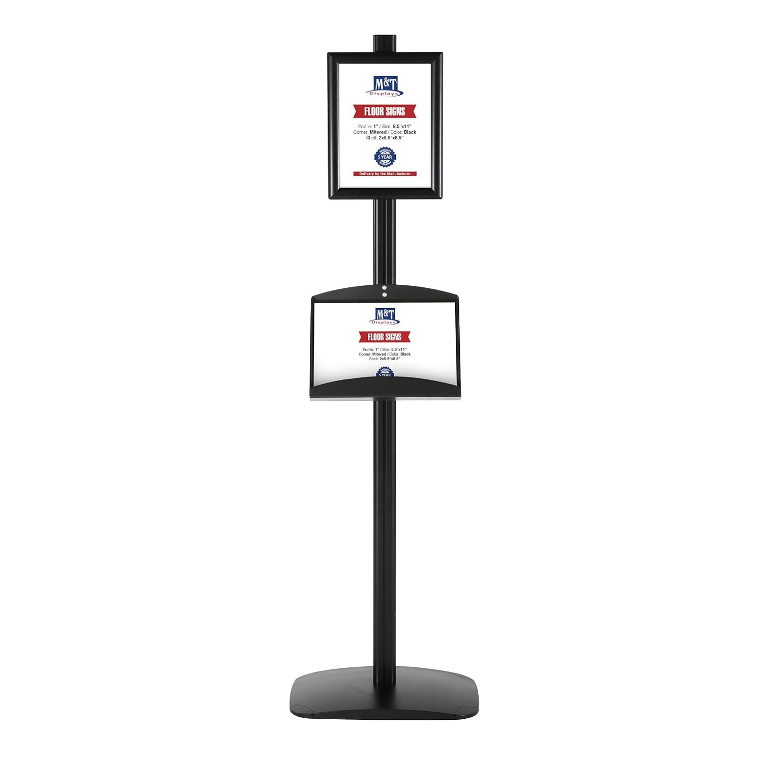 M&T Displays Free Standing Aluminum Display Stand Single Sided Document Brochure Sign Holder Front Loading Portrait Landscape Black Snap Frame 1x(8.5x11) and Metal Tray Shelf...