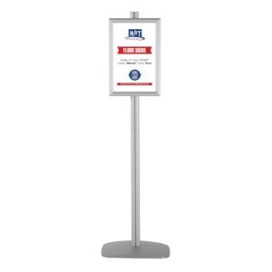 M&T Displays Free Standing Aluminum Display Stand Single Sided Document Brochure Sign Holder Front Loading Portrait Landscape Snap Frame 11x17 inch Silver
