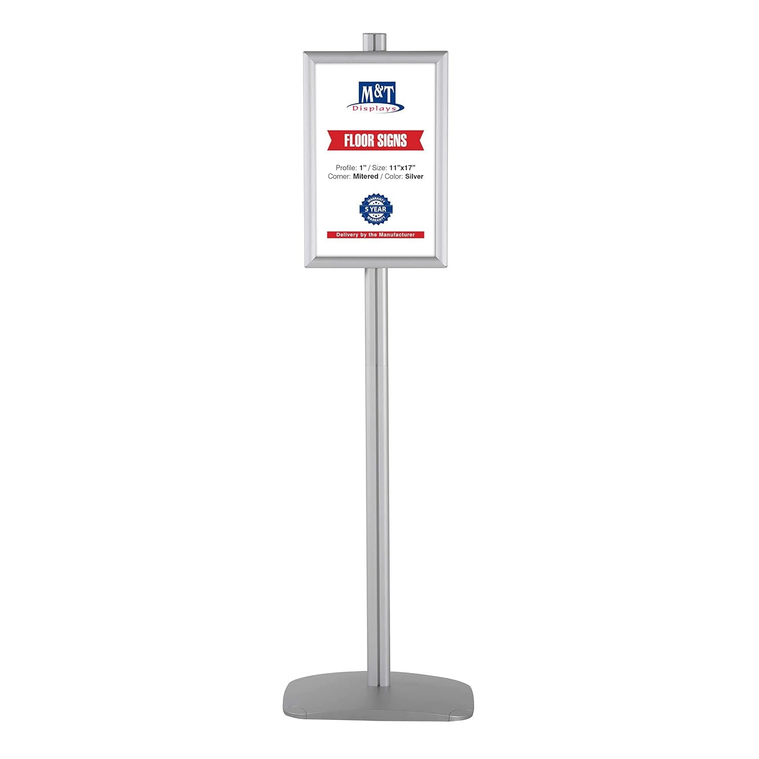 M&T Displays Free Standing Aluminum Display Stand Single Sided Document Brochure Sign Holder Front Loading Portrait Landscape Snap Frame 11x17 inch Silver
