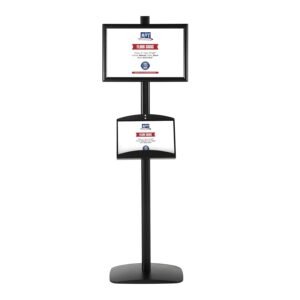 M&T Displays Free Standing Aluminum Display Stand Single Sided Document Brochure Sign Holder Front Loading Portrait Landscape Black Snap Frame 1x(11x17) and Metal Tray Shelf...