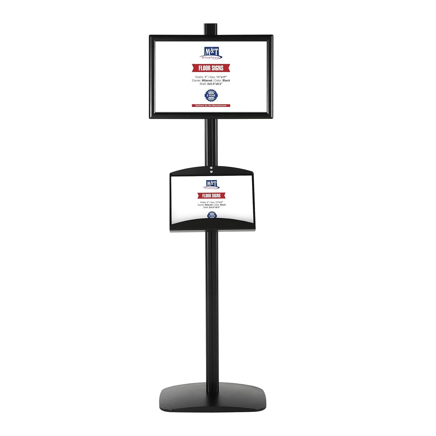 M&T Displays Free Standing Aluminum Display Stand Single Sided Document Brochure Sign Holder Front Loading Portrait Landscape Black Snap Frame 1x(11x17) and Metal Tray Shelf...