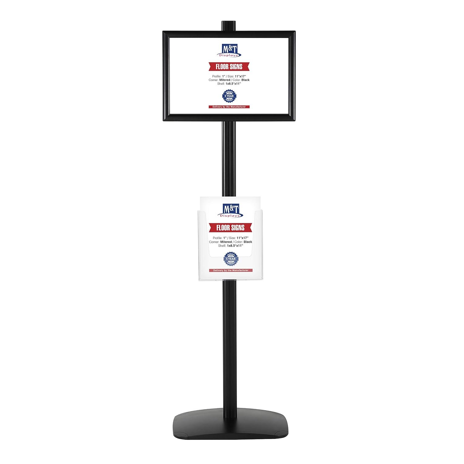 M&T Displays Free Standing Aluminum Display Stand Single Sided Document Brochure Sign Holder Front Loading Portrait Landscape Black Snap Frame 1x(11x17) and Clear Acrylic Pocket...