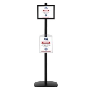M&T Displays Free Standing Aluminum Display Stand Single Sided Document Brochure Sign Holder Front Loading Portrait Landscape Black Snap Frame 1x(8.5x11) and Clear Acrylic Shelf...