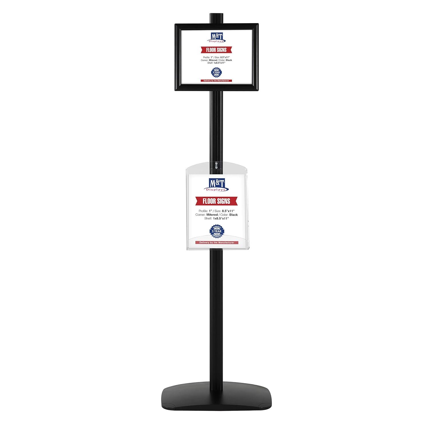 M&T Displays Free Standing Aluminum Display Stand Single Sided Document Brochure Sign Holder Front Loading Portrait Landscape Black Snap Frame 1x(8.5x11) and Clear Acrylic Shelf...