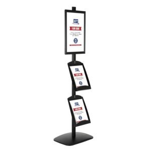 M&T Displays Free Standing Aluminum Display Stand Single Sided Document Brochure Sign Holder Front Loading Portrait Landscape Black Snap Frame 1x(11x17) and Metal Tray Shelf...