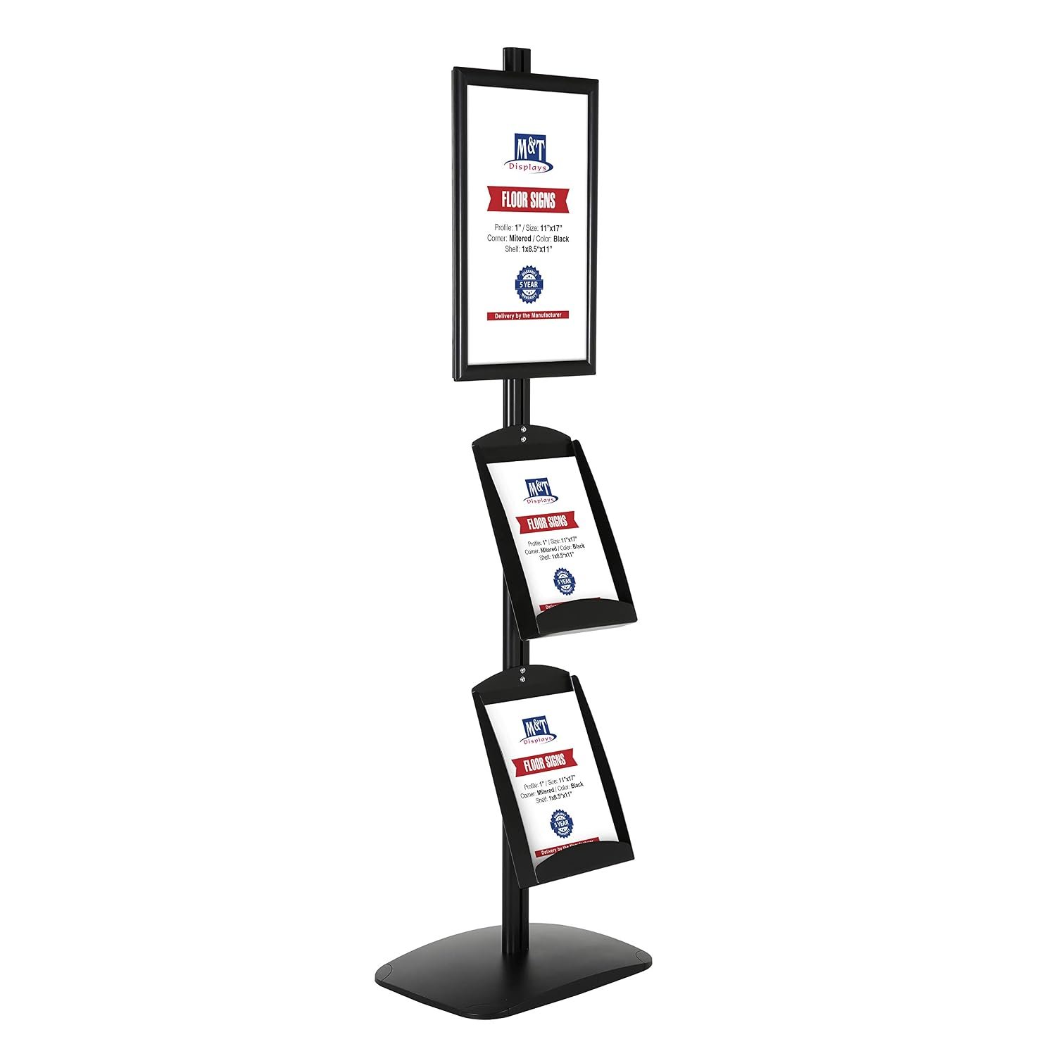 M&T Displays Free Standing Aluminum Display Stand Single Sided Document Brochure Sign Holder Front Loading Portrait Landscape Black Snap Frame 1x(11x17) and Metal Tray Shelf...