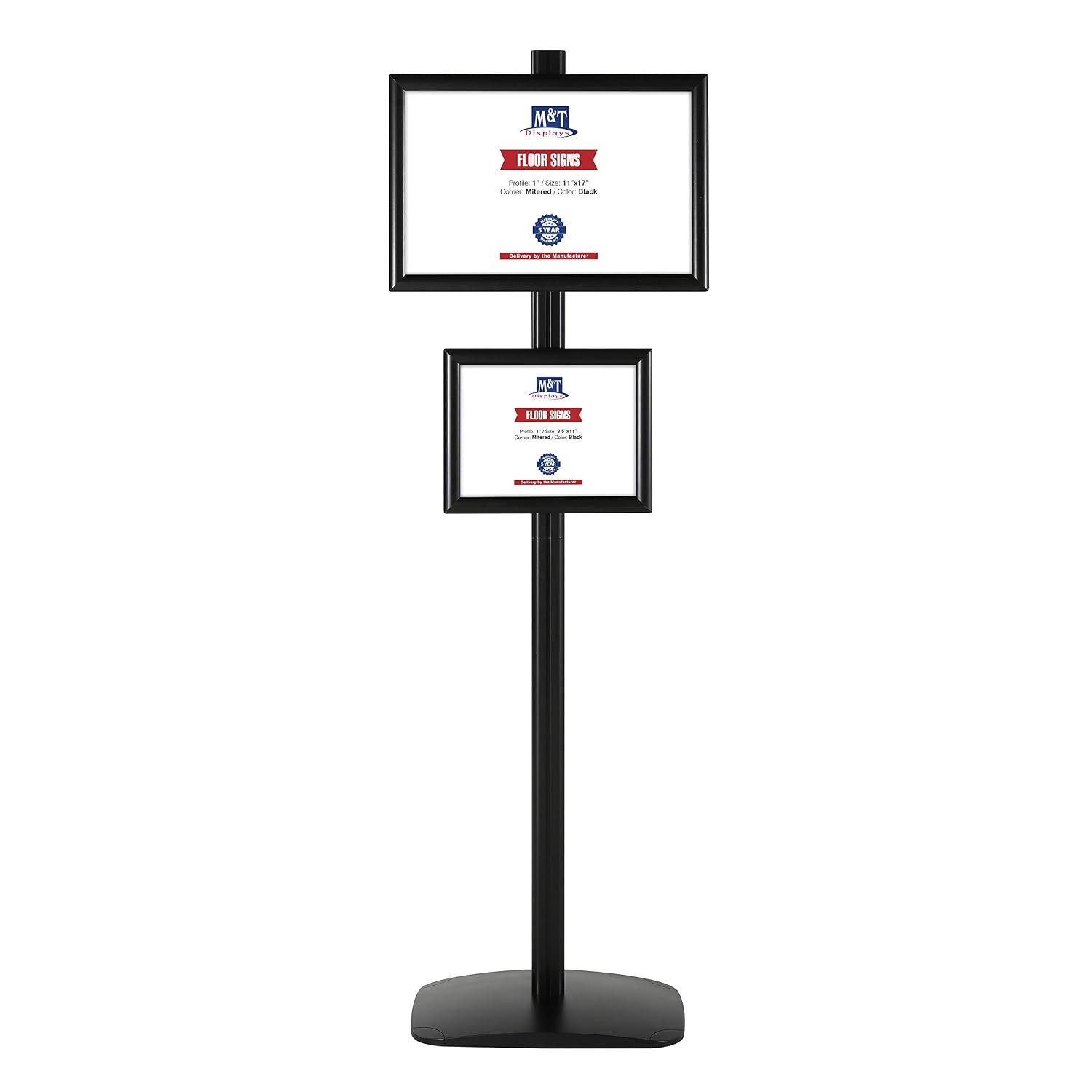 M&T Displays Free Standing Aluminum Display Stand Single Sided Document Brochure Sign Holder Front Loading Portrait Landscape Snap Frames 1x(8.5x11) and 1x(11x17) inch Black