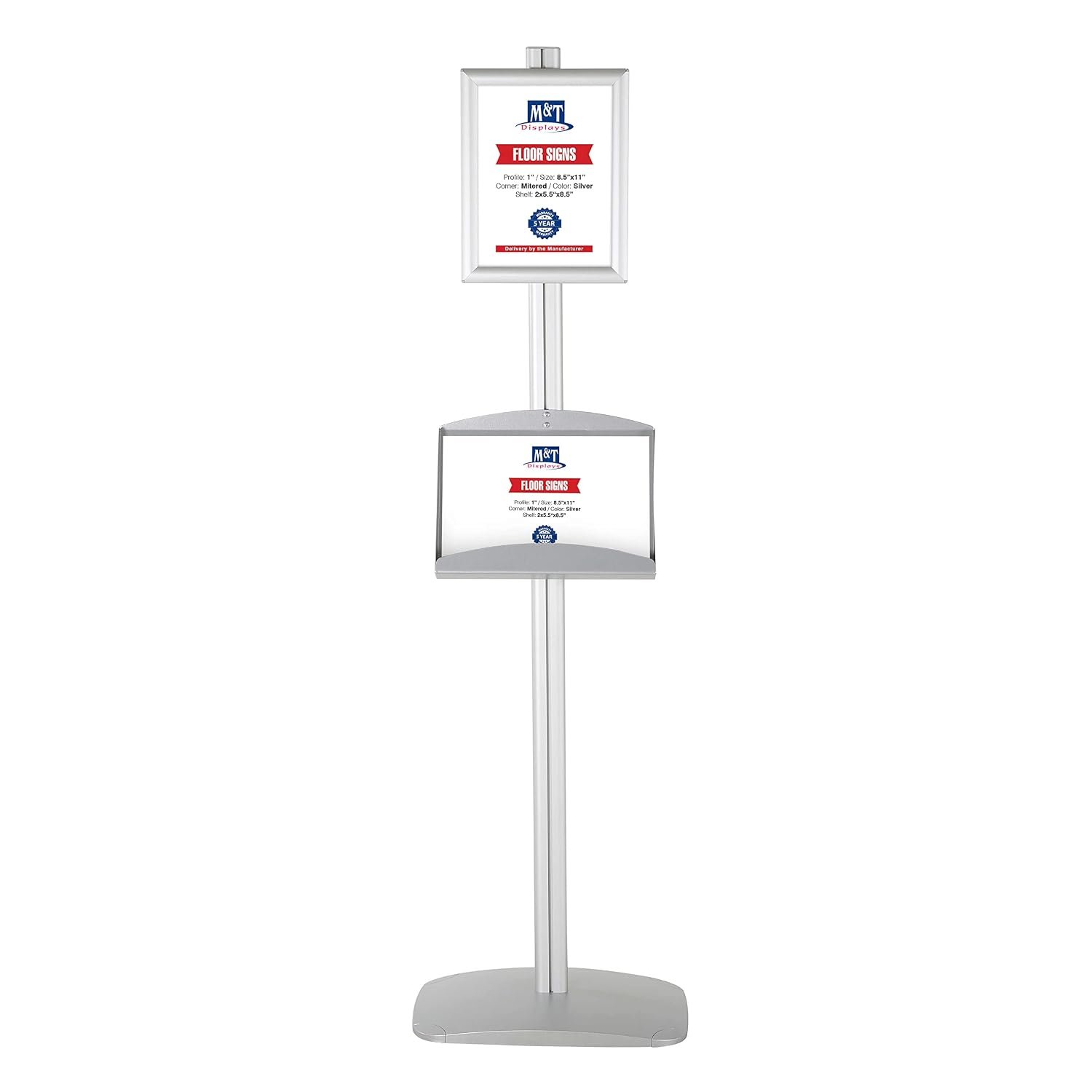 M&T Displays Free Standing Aluminum Display Stand Single Sided Document Brochure Sign Holder Front Loading Portrait Landscape Silver Snap Frame 1x(8.5x11) - Metal Tray Shelf...