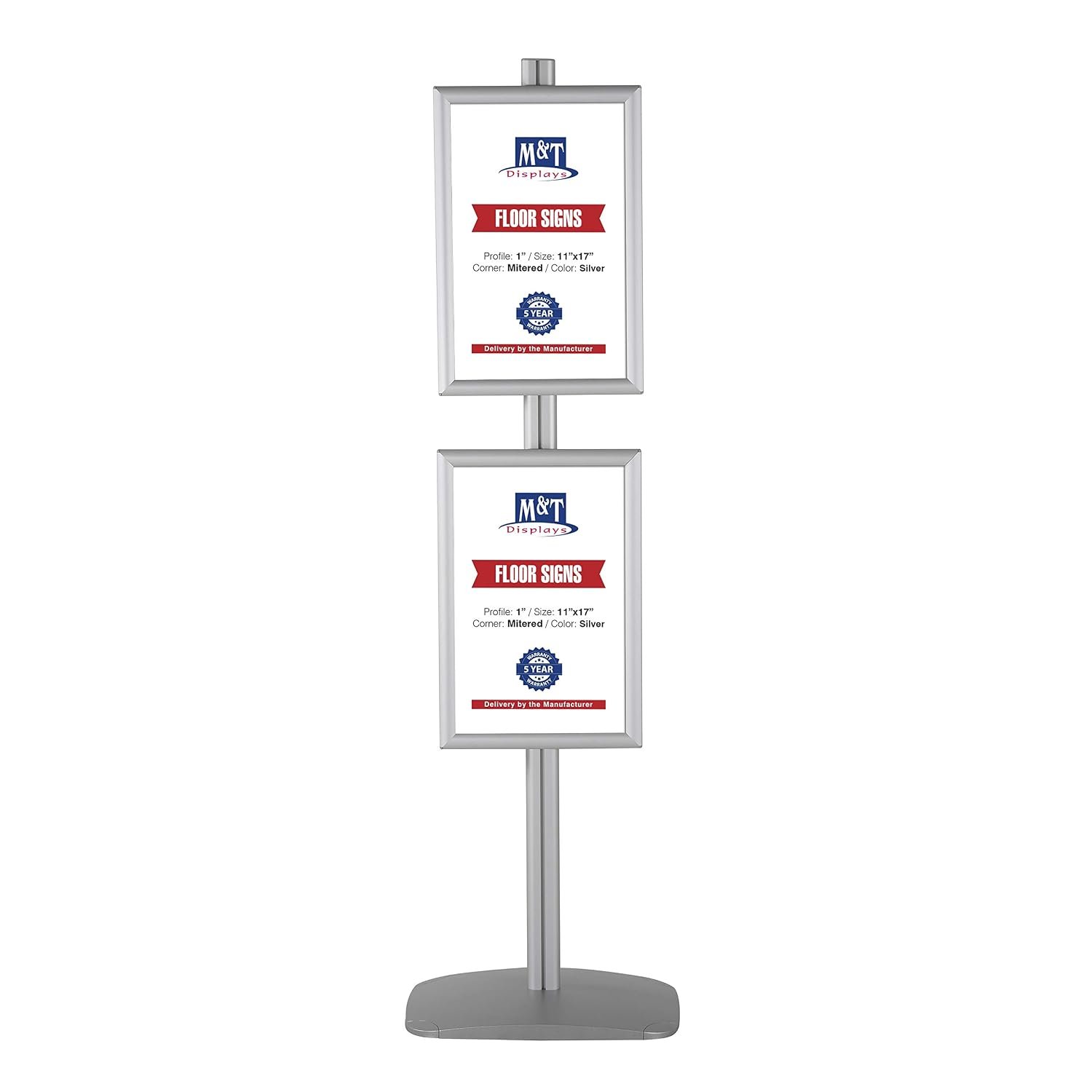 M&T Displays Free Standing Aluminum Display Stand Single Sided Document Brochure Sign Holder Front Loading Portrait Landscape Snap Frame 2x(11x17) inch Silver