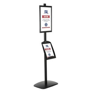M&T Displays Free Standing Aluminum Display Stand Single Sided Document Brochure Sign Holder Front Loading Portrait Landscape Black Snap Frame 8.5x11 and Metal Tray Shelf 8.5x11...