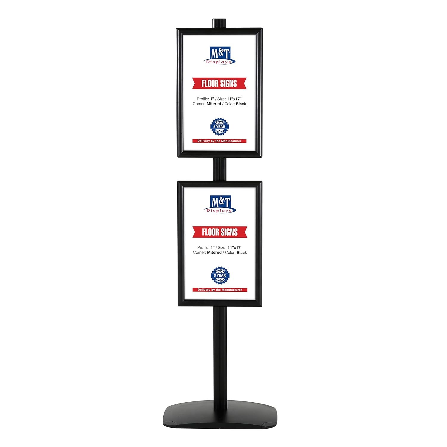 M&T Displays Free Standing Aluminum Display Stand Single Sided Document Brochure Sign Holder Front Loading Portrait Landscape Snap Frame 2x(11x17) inch Black