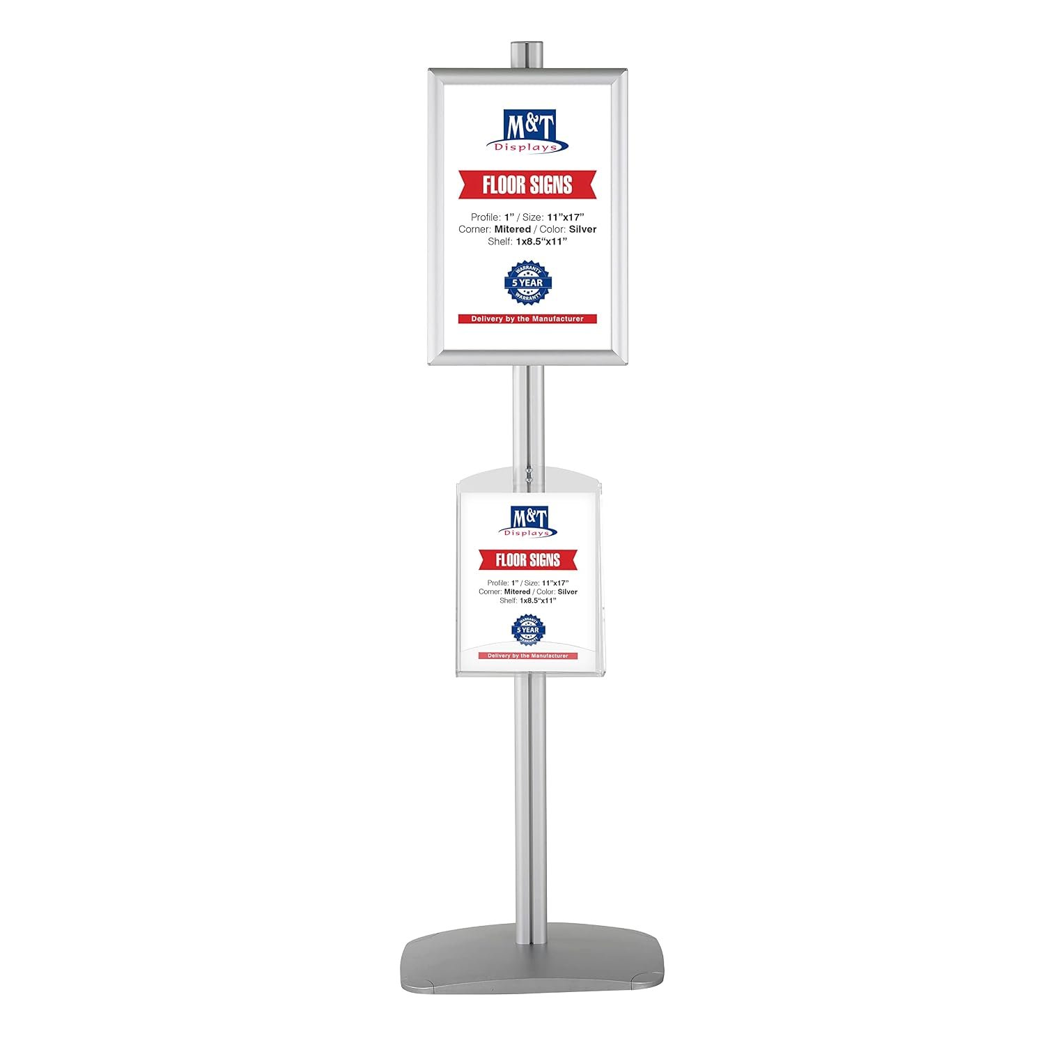 M&T Displays Free Standing Aluminum Display Stand Single Sided Document Brochure Sign Holder Front Loading Portrait Landscape Silver Snap Frame 1x(11x17) and Clear Acrylic Shelf...